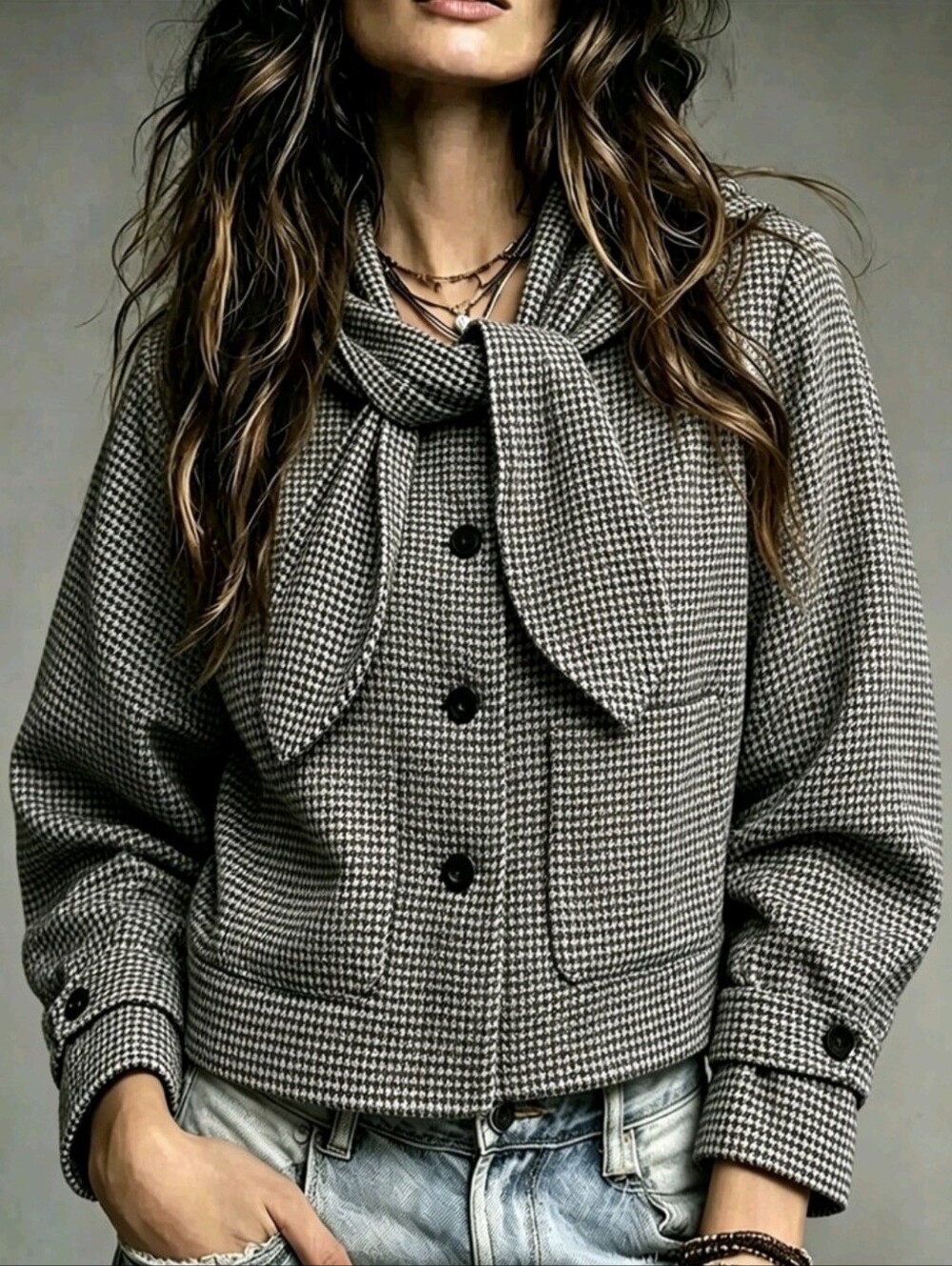 Women's French Vintage Houndstooth Rabbit Ear Tie Hat Design Single-Breasted